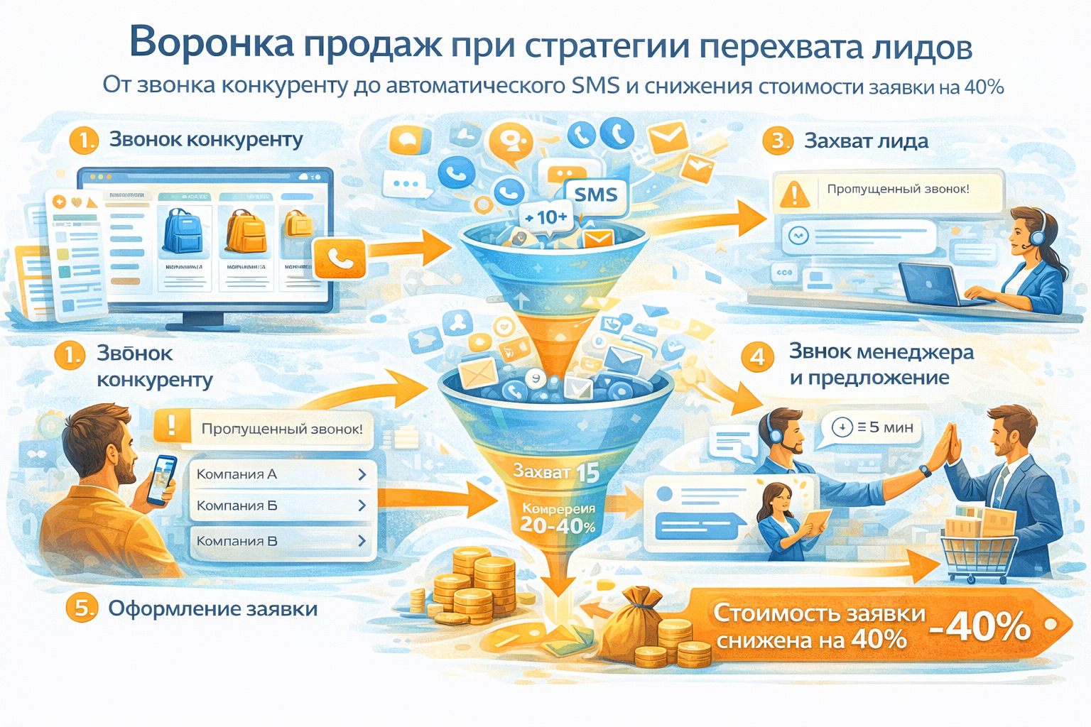 Схема стратегии перехвата лидов конкурентов и снижения CPL в таргете