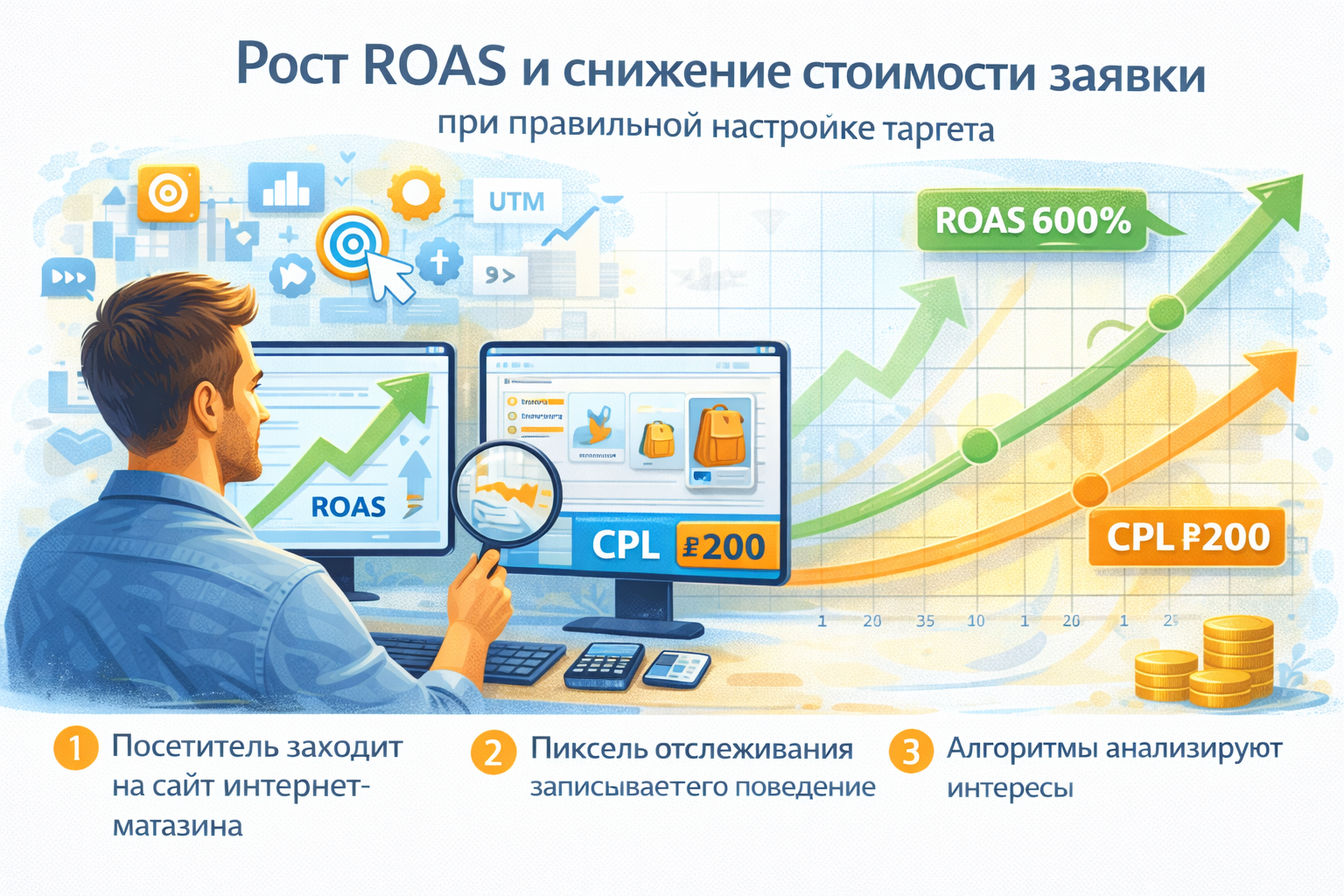 Маркетолог анализирует эффективность таргетированной рекламы и ROI на дашборде