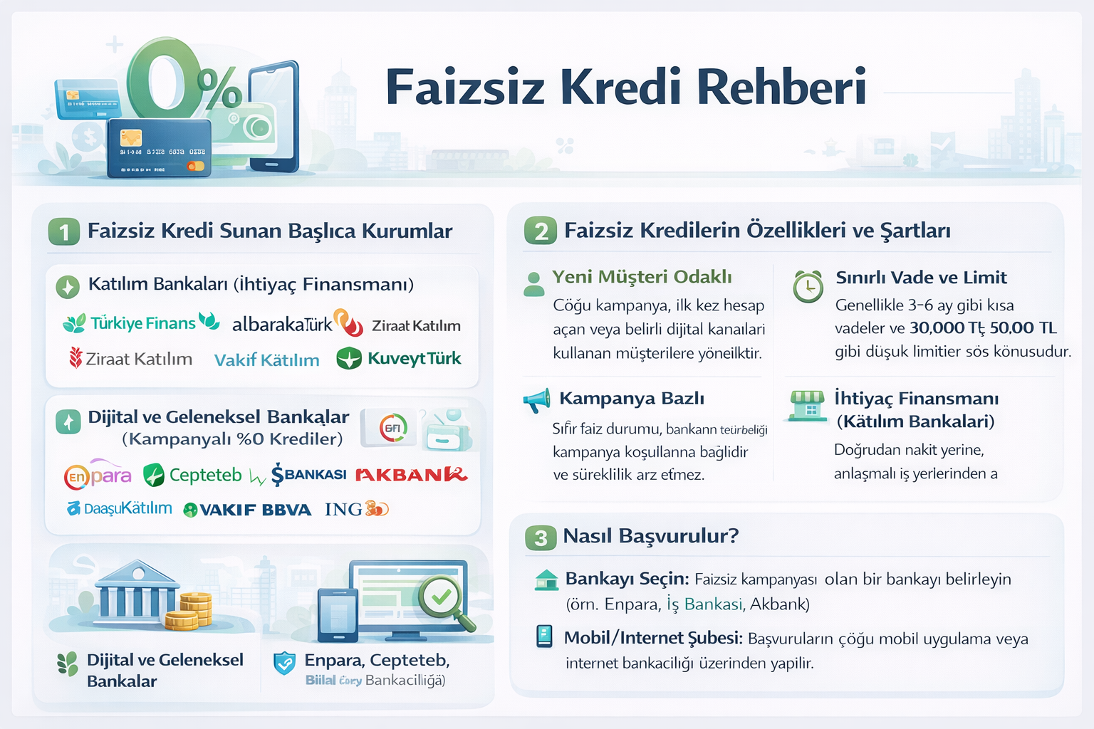 Faizsiz kredi seçenekleri: Garanti BBVA, Ziraat Bankası, Akbank, Denizbank ve diğer 5 bankanın 2026 yılı kampanyaları karşılaştırması