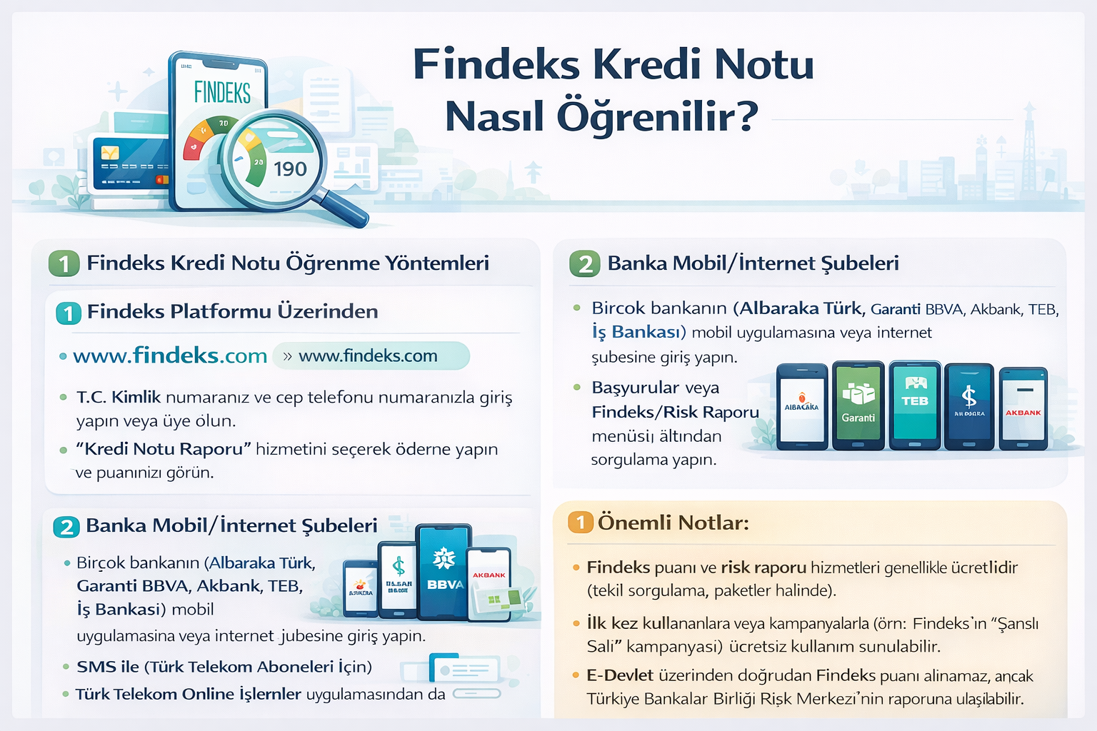 Findeks kredi notu hesaplama görseli - risk raporu ve kredi kartı puanı