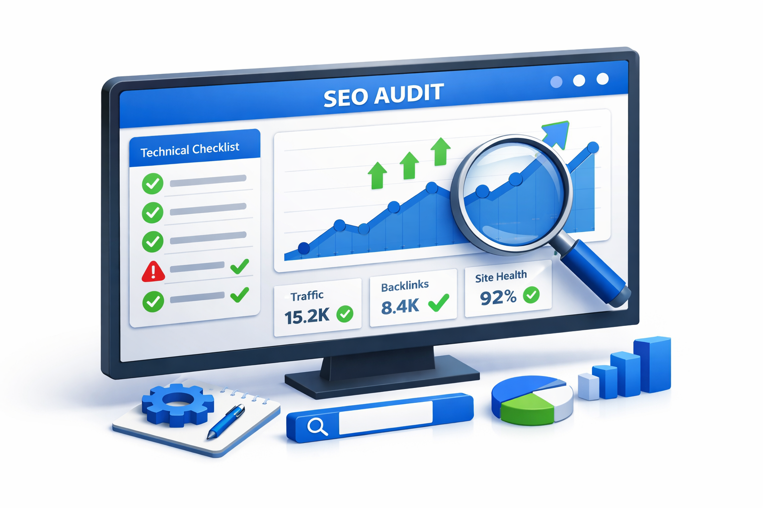 Инфографика SEO-аудита: дашборд с ростом трафика, техническим чек-листом и метриками Core Web Vitals