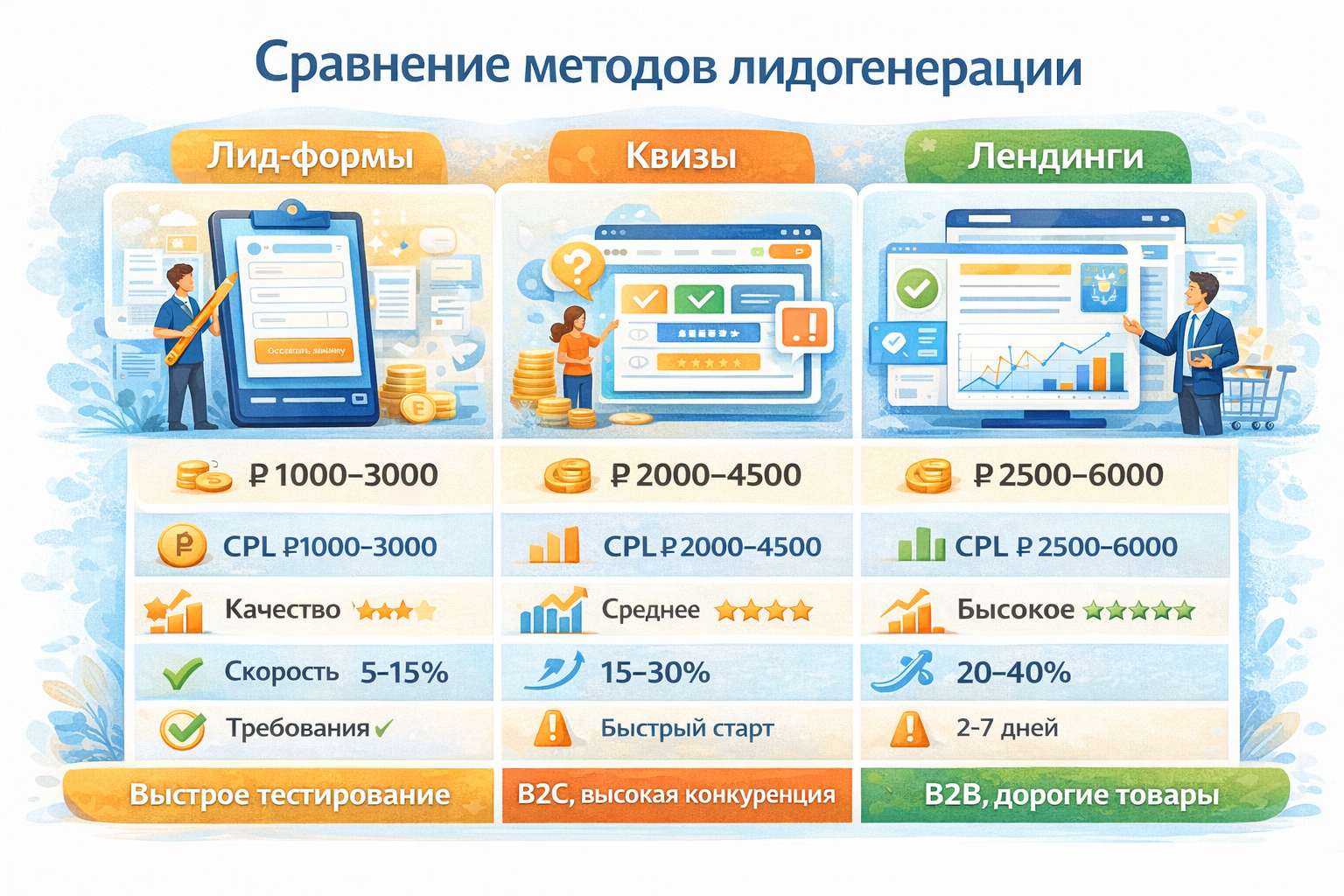 Таблица сравнения: лид-формы vs квизы vs лендинги по стоимости лида (CPL), качеству, конверсии и скорости запуска в 2026 году