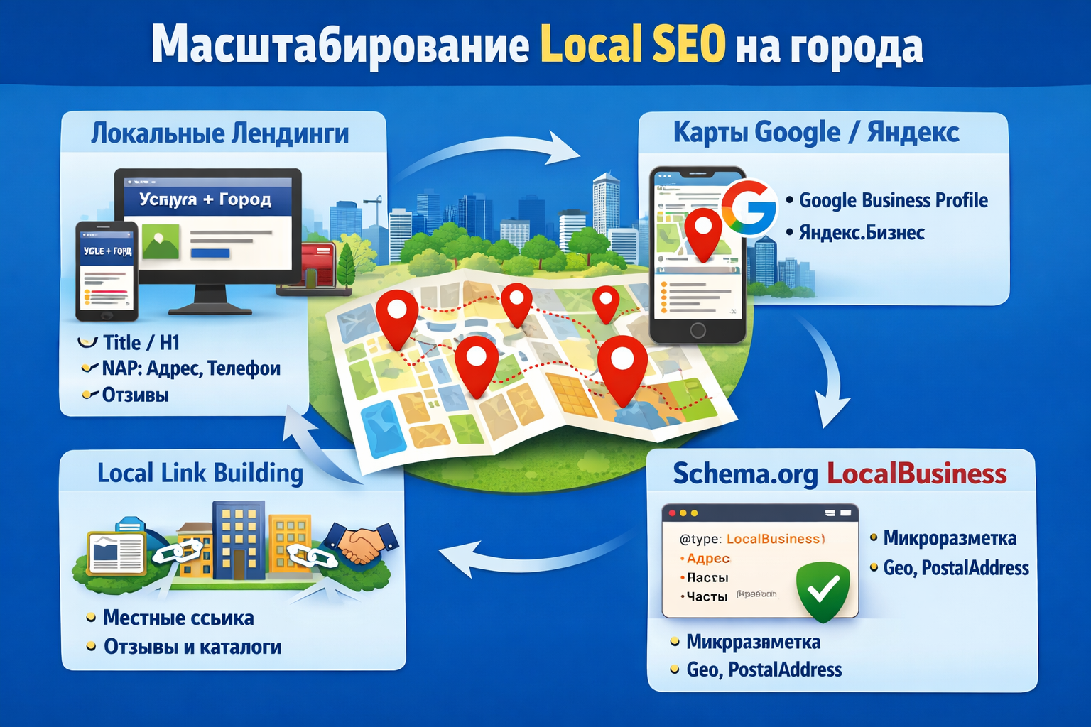 Масштабирование Local SEO на города: локальные лендинги, Schema.org LocalBusiness, Google Business Profile и local link building