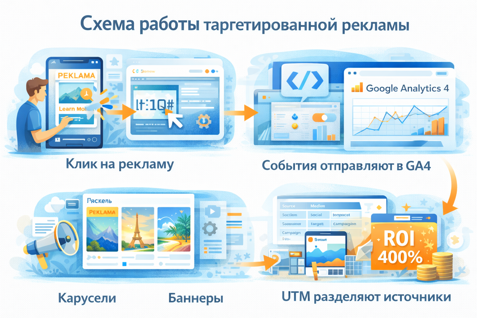 Диаграмма взаимодействия пикселя, событий, UTM и отчётов в системе аналитики таргетированной рекламы