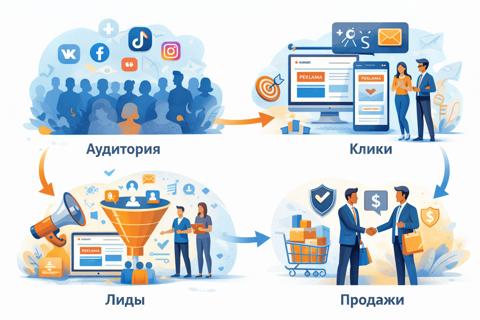 Схема воронки продаж в таргетированной рекламе для Instagram и VK с ростом заявок