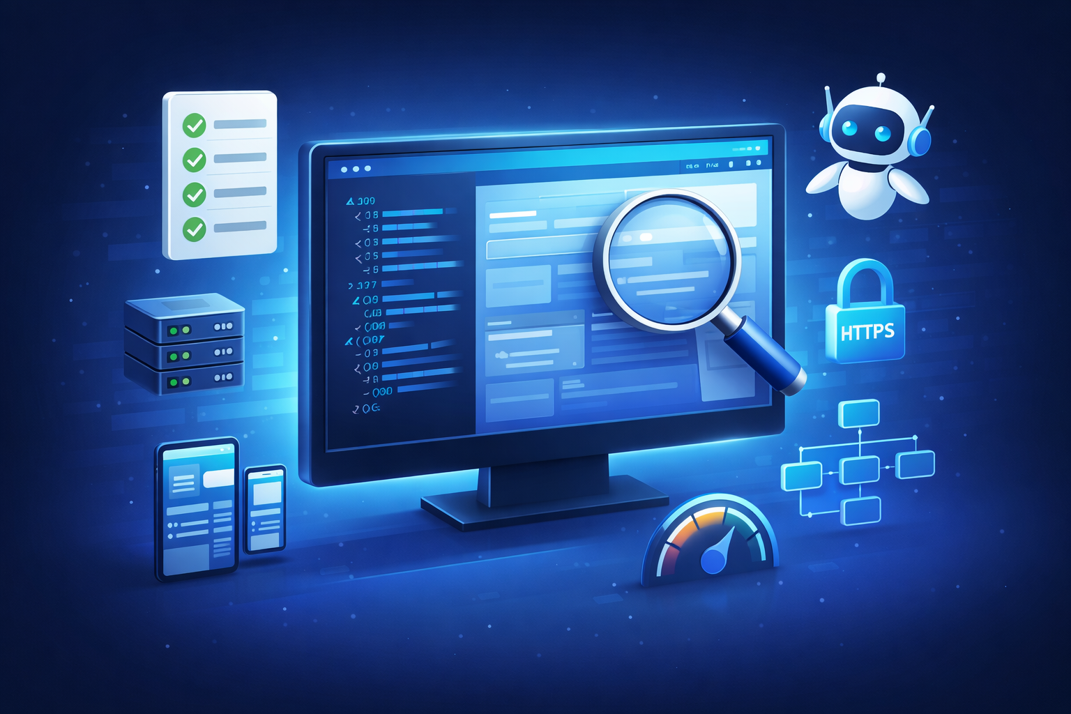 Технический SEO-аудит - диагностика инфраструктуры сайта с проверкой индексации, скорости загрузки, mobile-first индексации и безопасности. Иллюстрация процесса аудита с magnifying glass и technical elements.