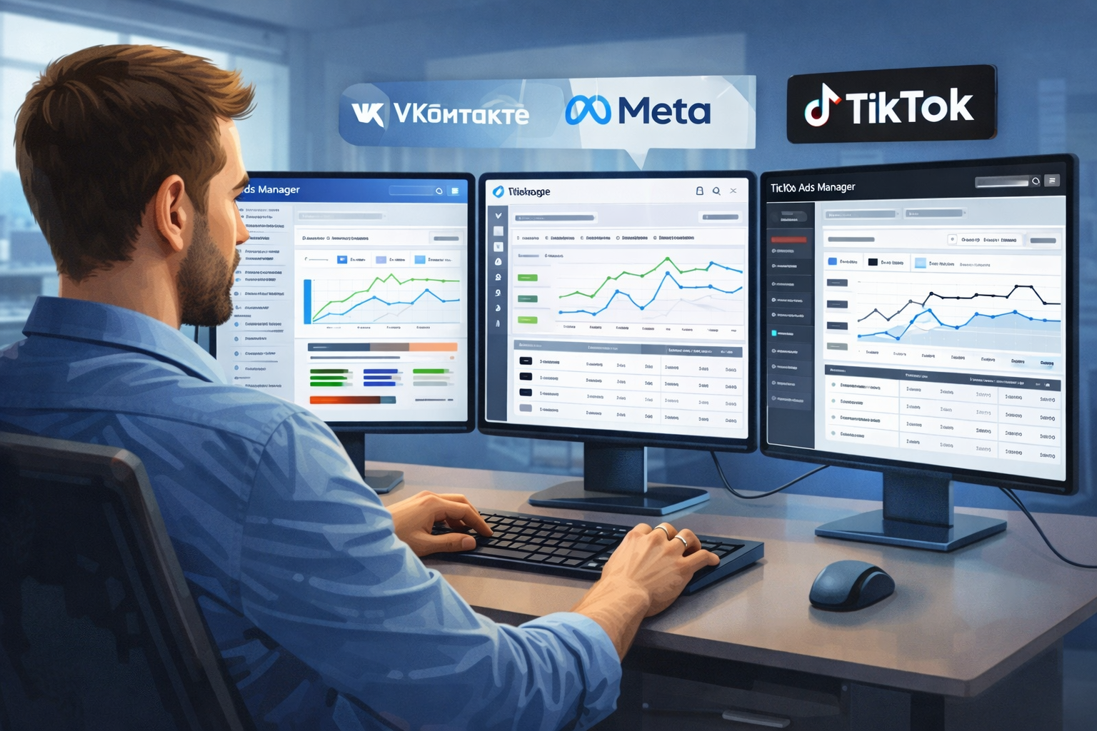 Настройка таргетированной рекламы на ноутбуке специалистом агентства - VK Meta TikTok кампании