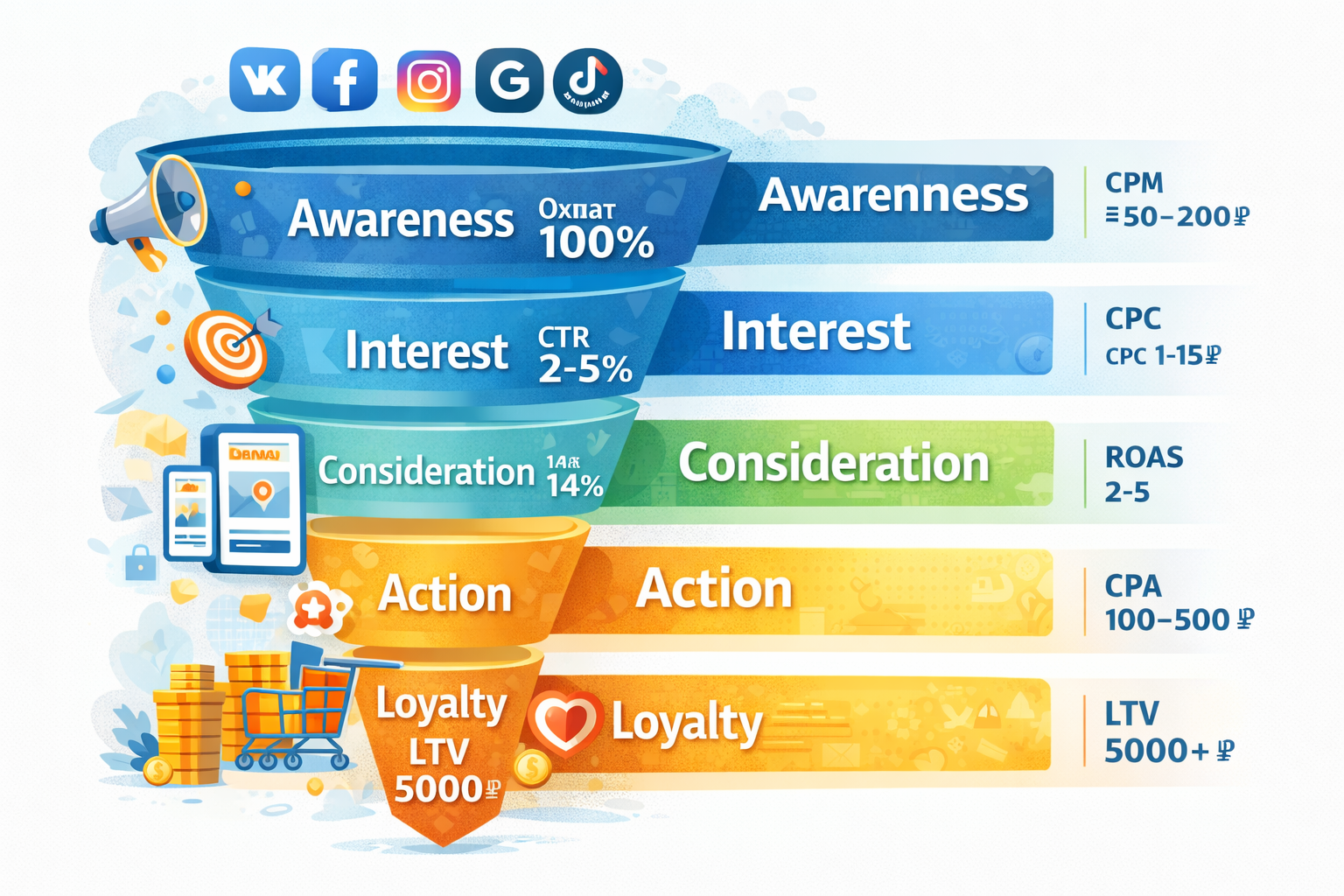 Воронка таргетированной рекламы с метриками CPM CPC ROAS по этапам 2026