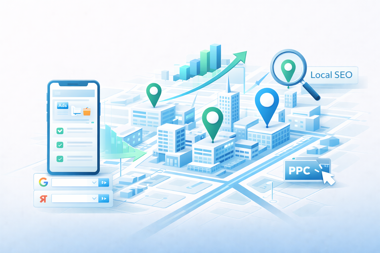 масштабирование лендинга в центре города локальный трафик и конверсия схема