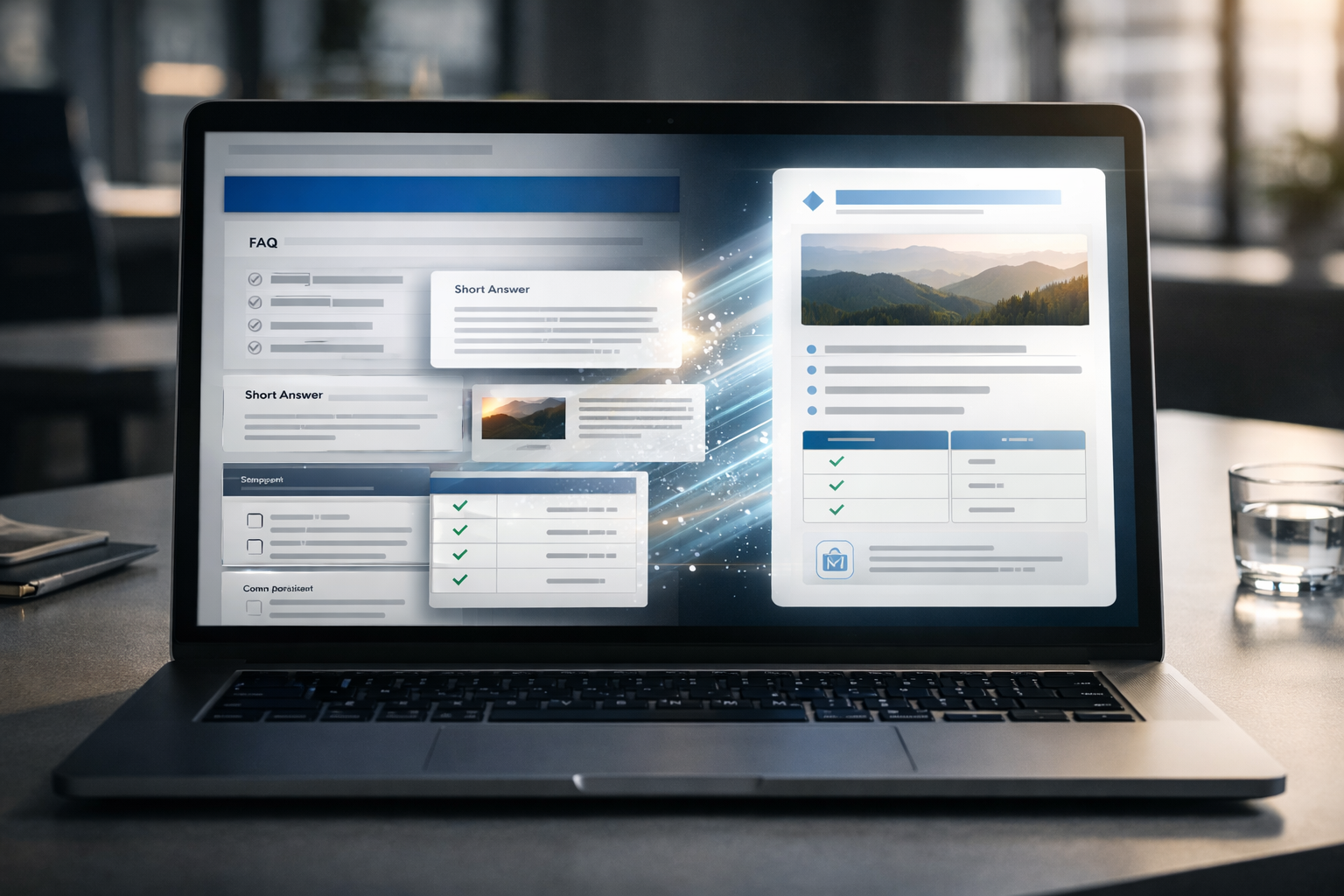Схема того, как работает AEO: контент сайта превращается в понятные ответы для AI-поиска и answer engines
