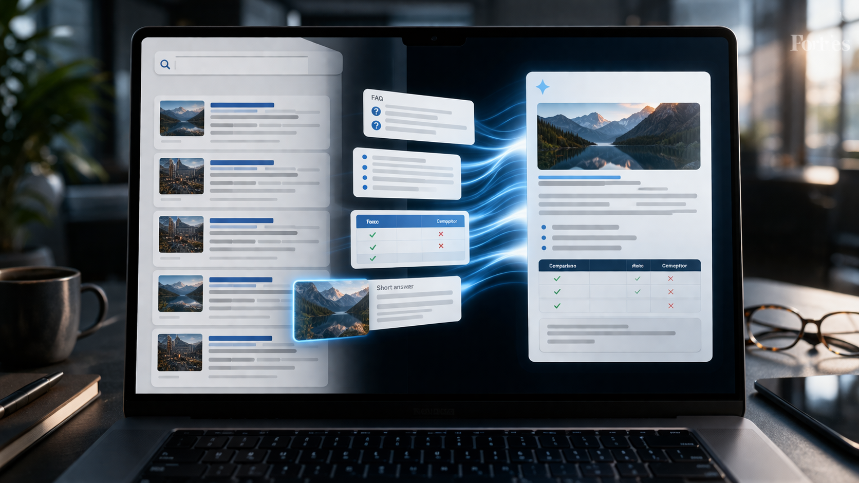 Схематичное сравнение обычного SEO и AI SEO: сайт, поисковая выдача, AI-ответ и структурированный контент как источник цитируемого ответа
