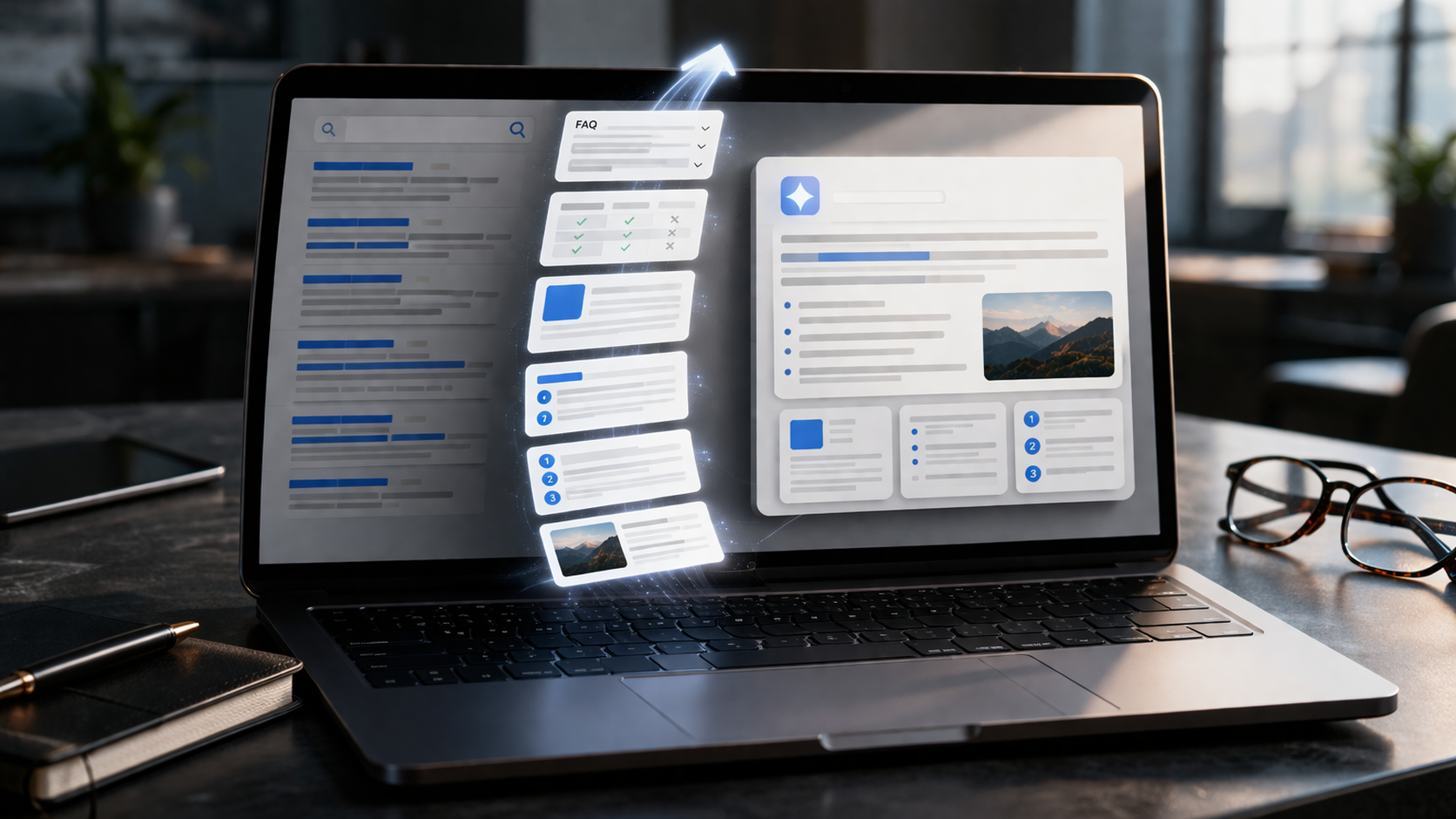 Ноутбук с AI-поиском и структурированным контентом сайта, который превращается в ответ искусственного интеллекта