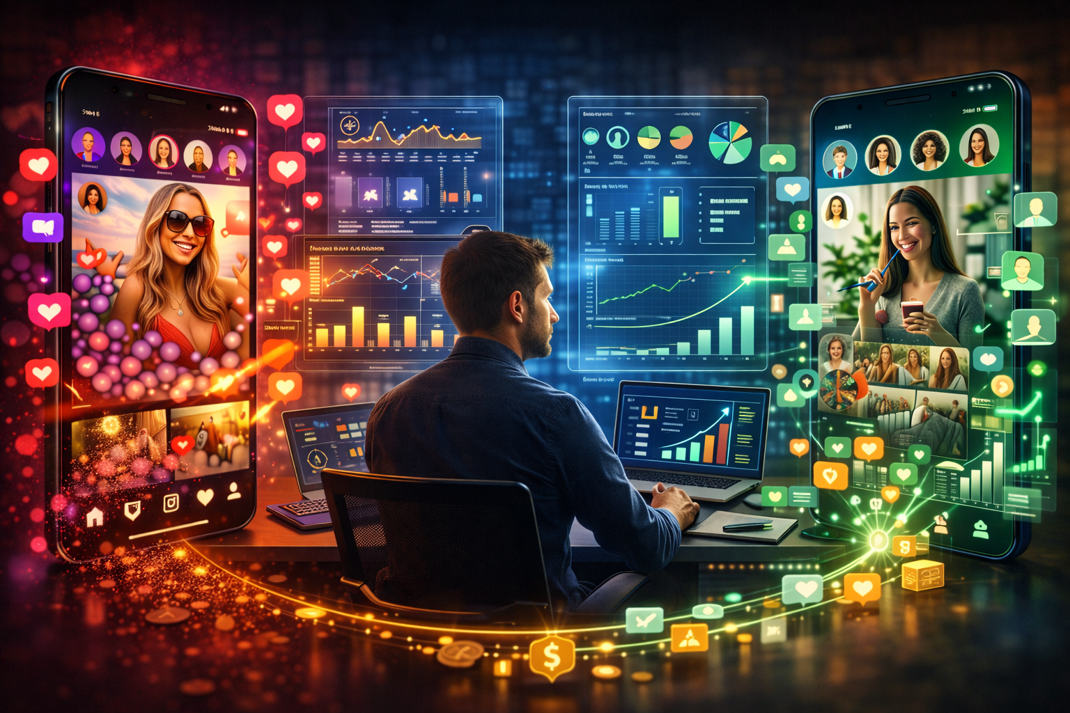 Маркетолог анализирует блогеров в Instagram перед покупкой рекламы, сравнивая охваты, аудиторию и эффективность размещения