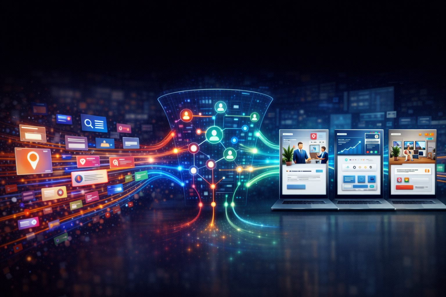 Масштабирование лендинга под разные аудитории и сегменты спроса: визуальная схема сегментной архитектуры landing page с разными источниками трафика и сценариями конверсии