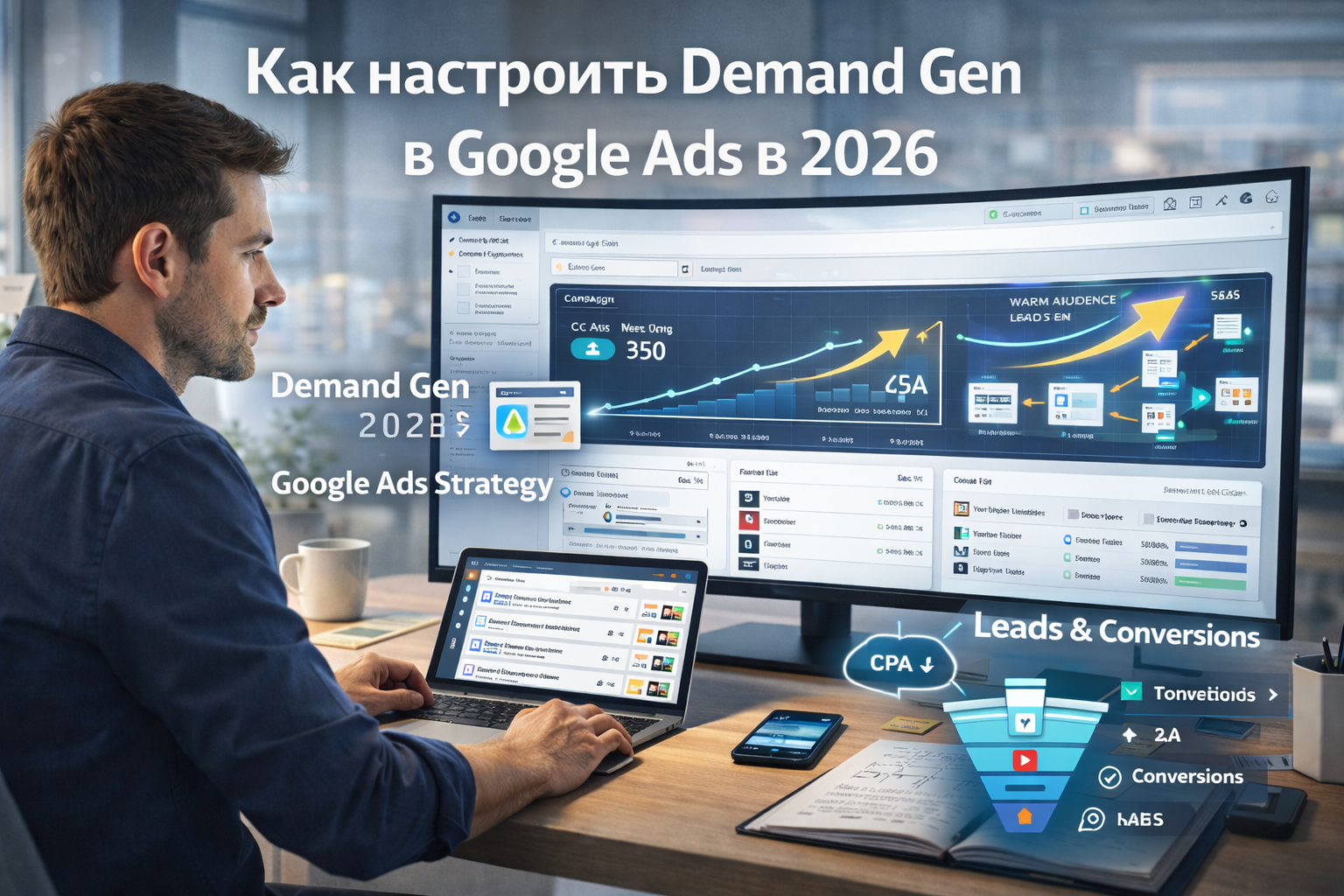 Специалист настраивает Demand Gen campaign в Google Ads 2026, анализируя аудитории, placements, бюджет и конверсии на экране ноутбука