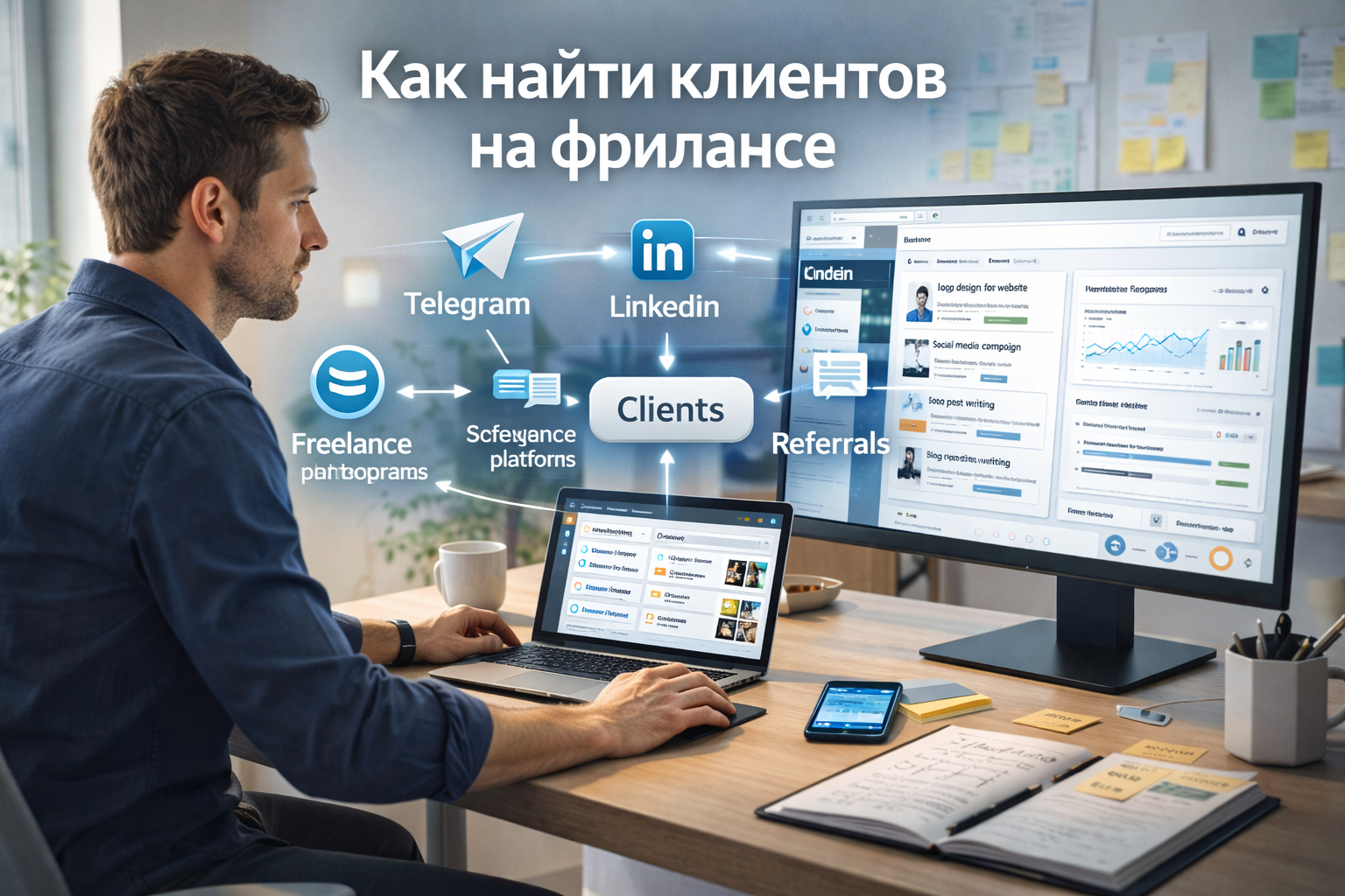 Фрилансер выстраивает систему поиска клиентов через биржи, Telegram, LinkedIn, сайт и личный бренд для стабильного потока заказов