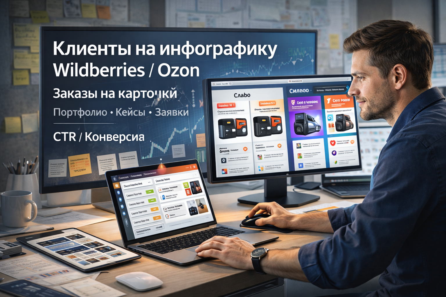 Дизайнер анализирует карточки товаров Wildberries и Ozon, чтобы найти клиентов на инфографику для маркетплейсов