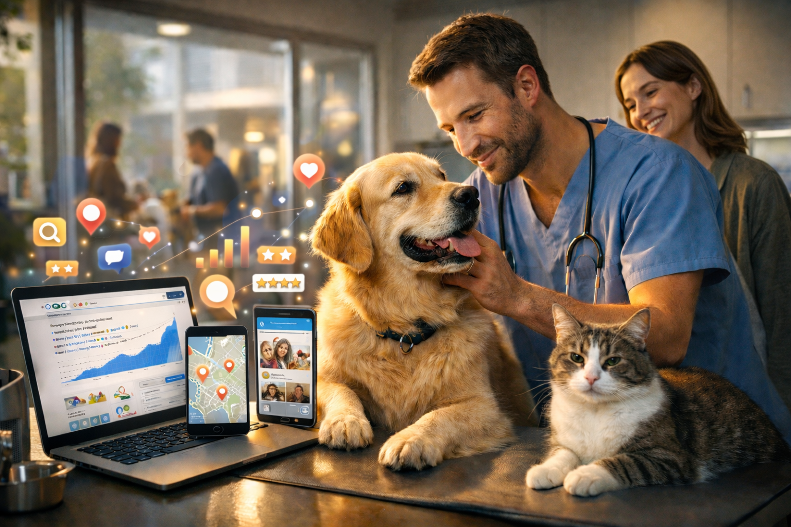 маркетинг ветеринарной клиники привлечение клиентов ветеринарный врач с собакой и кошкой цифровой маркетинг ветеринарии