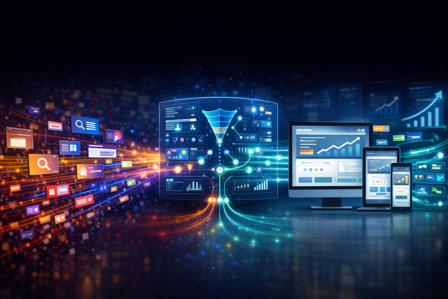 Схема масштабирования лендинга с системой CRO-контроля: рост трафика, сегментация аудитории, A/B-тестирование и мониторинг конверсии