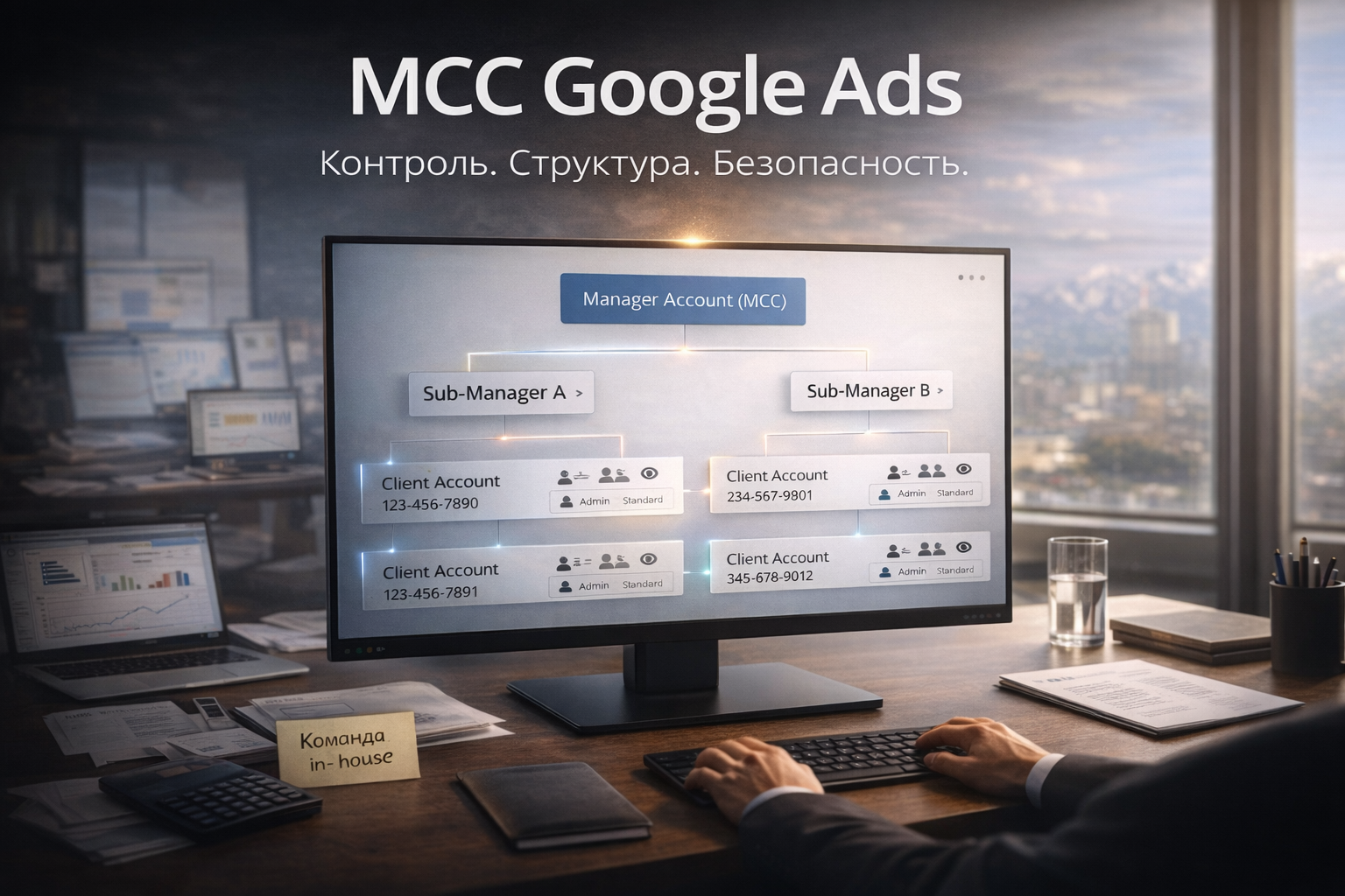 Схема иерархии MCC Google Ads: manager account, sub-manager и client accounts с уровнями доступа и консолидированным биллингом
