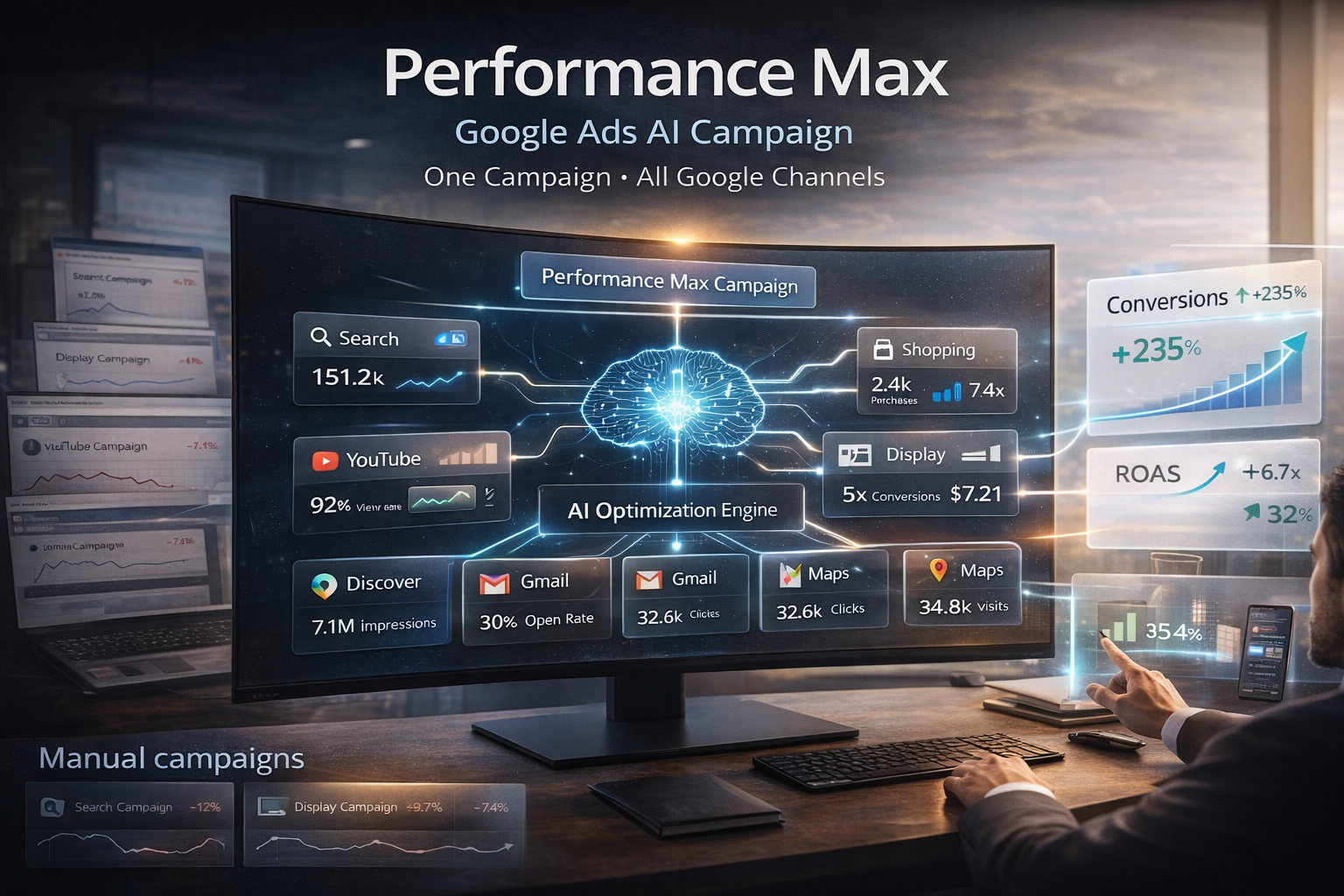 Performance Max Google Ads интерфейс - структура AI кампании, ассет группы и сигналы аудитории