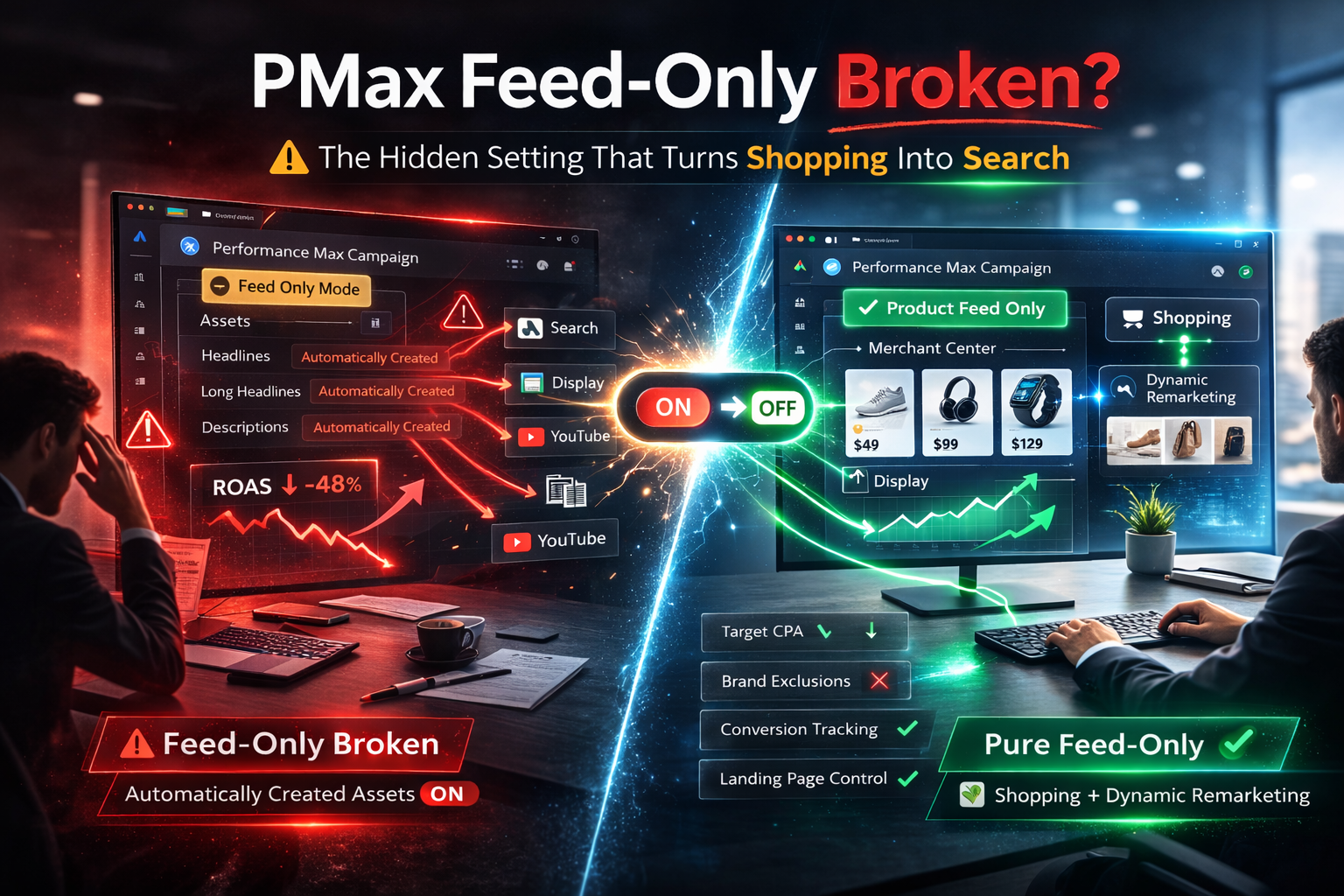 Performance Max feed only настройка automatically created assets которая включает search и ломает shopping кампанию