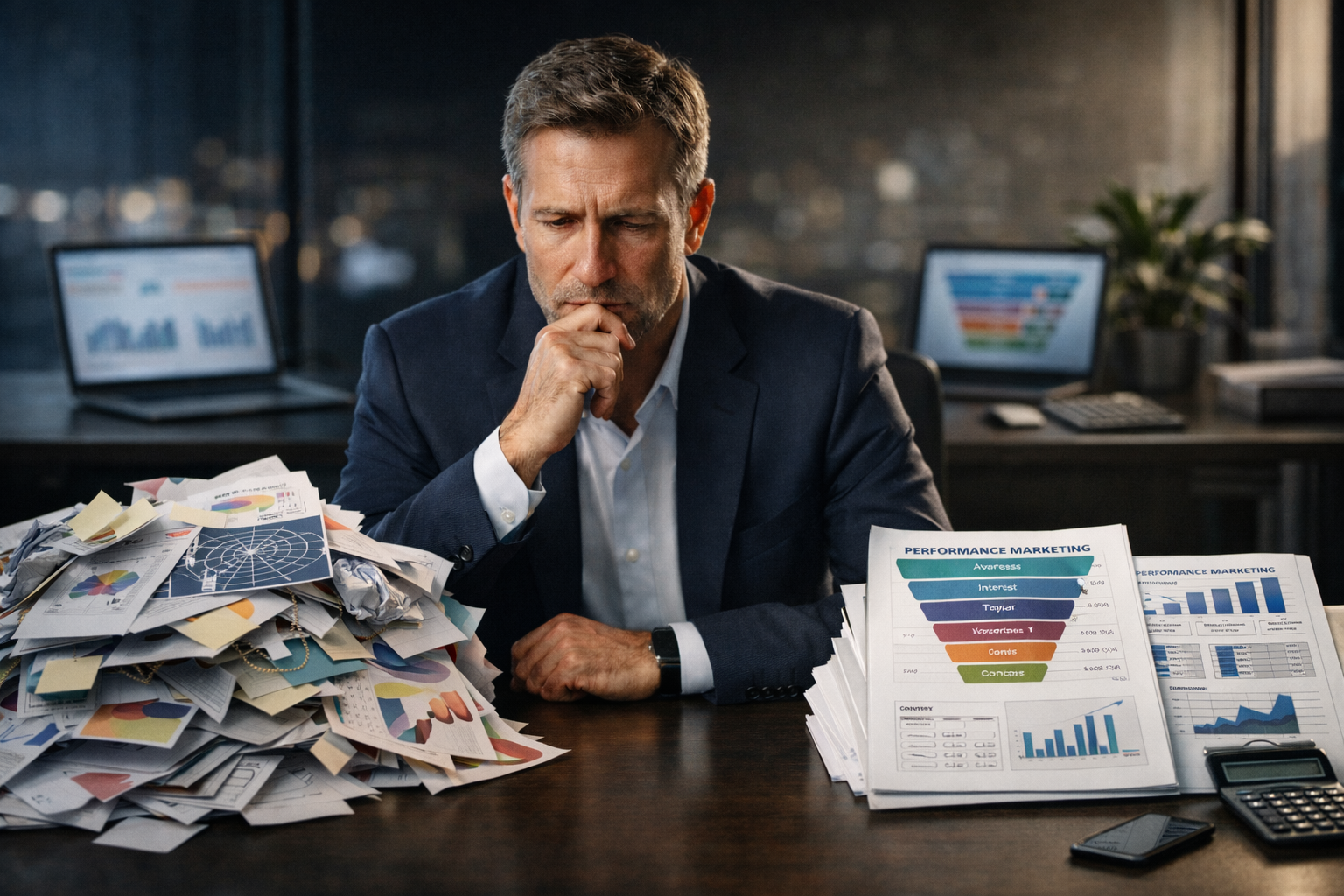 Руководитель бизнеса анализирует performance-маркетинг, KPI, каналы привлечения, воронку продаж и прибыль